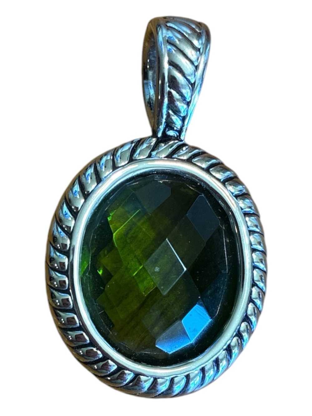 Silver Green Faceted Glass Oval Necklace Pendant
